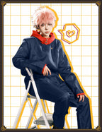 Men's Cosplay School Uniform Men Blue Black Hooded Jacket Pants Full Set Halloween Costume Adult Outfit (Blue, L)