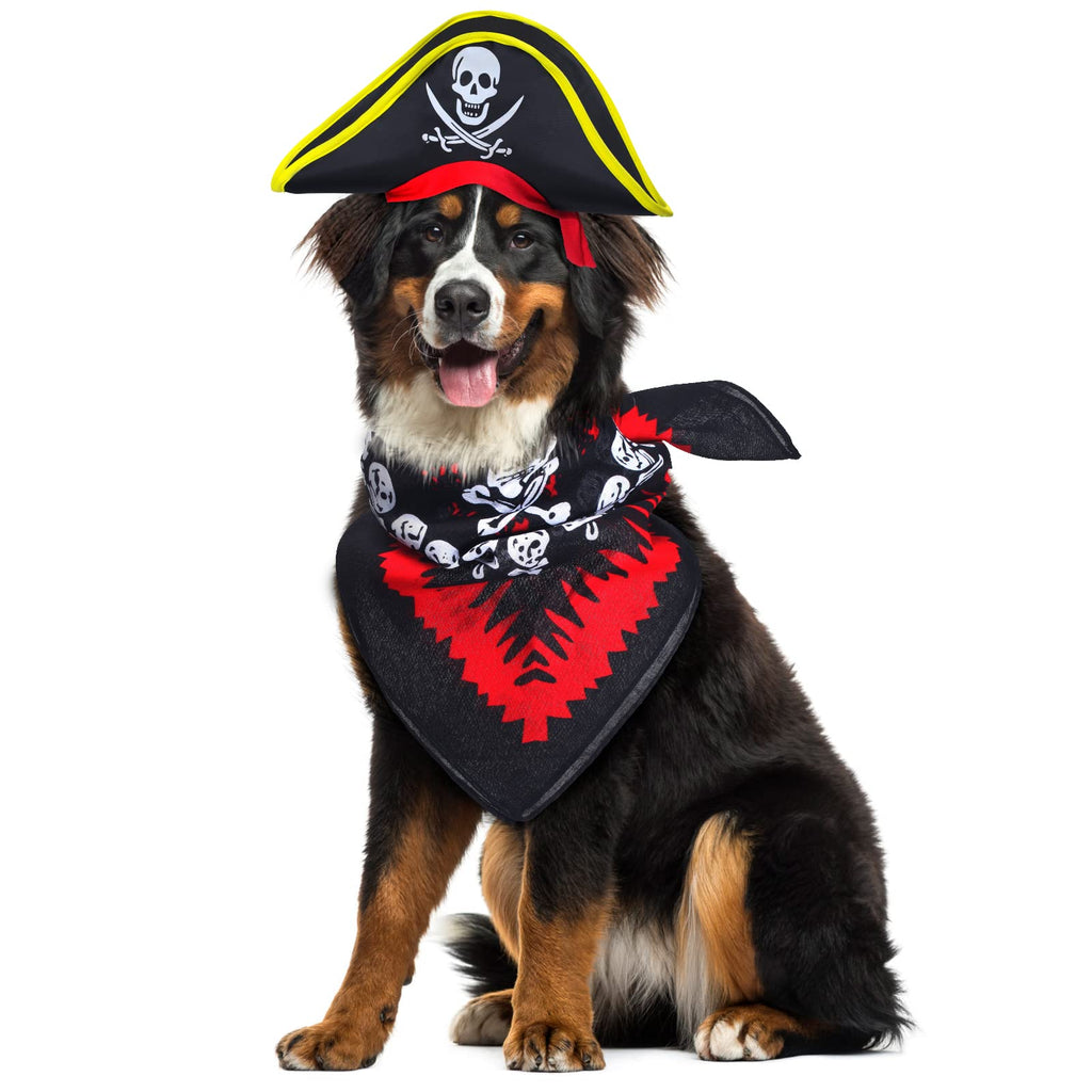 Aichiyu 2 Pieces Skull Print Pet Pirate Hat with Pirate Skull Bandana Dog Cat Captain Cap Halloween Pirate Cosplay Costume Halloween Party Hat Dress Up Costume Accessories (C)