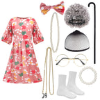Kids Old Lady Costume for Girls Grandma Wigs Dress Glasses Necklace Granny Outfit 100 Days of School Cosplay Accessories (Medium)