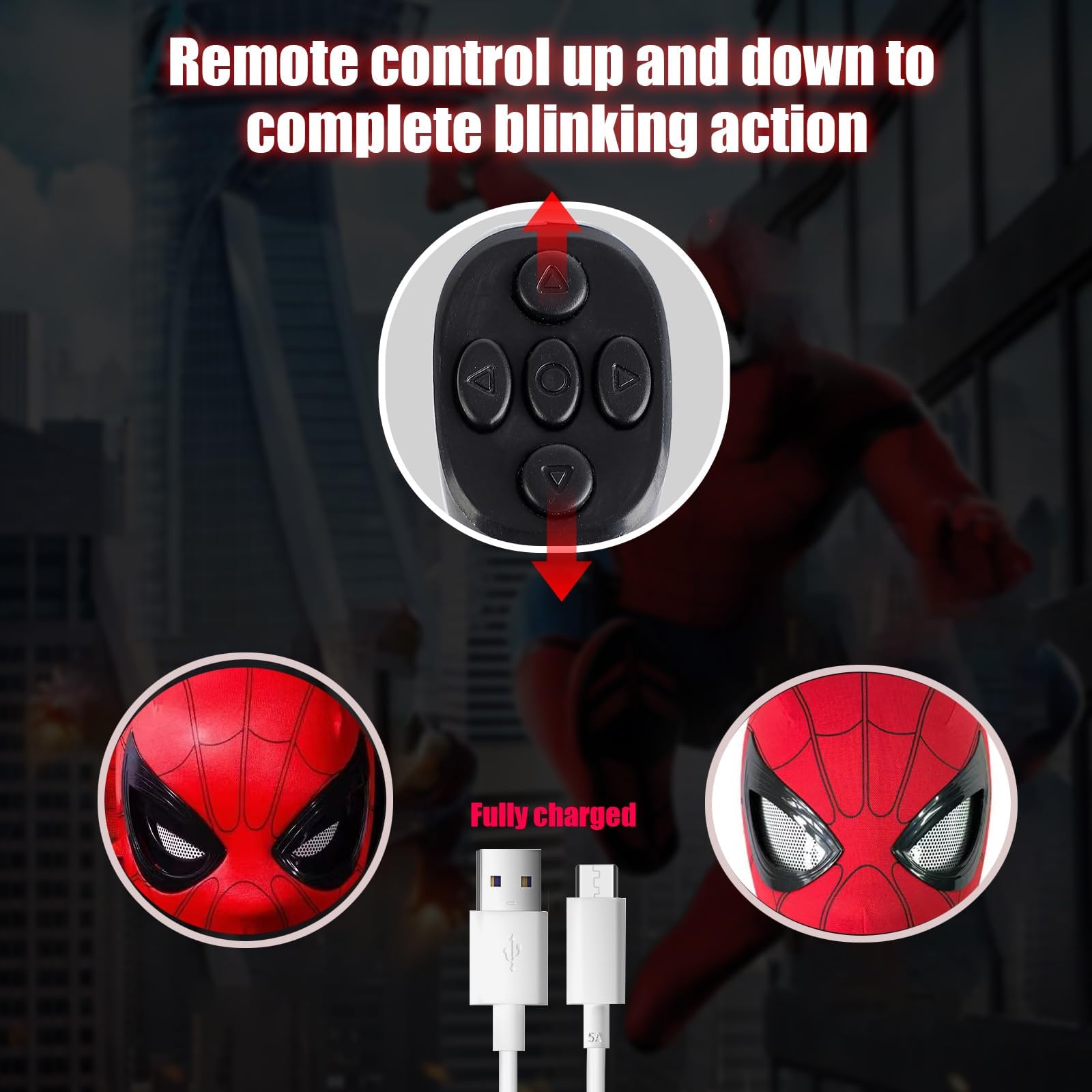 AUGMAXI Electric Spider Superhero Role-Playing Mask Toy with Moving Eyes and LED Lights - Remote Control Ring, Fun Gift for Men (red)