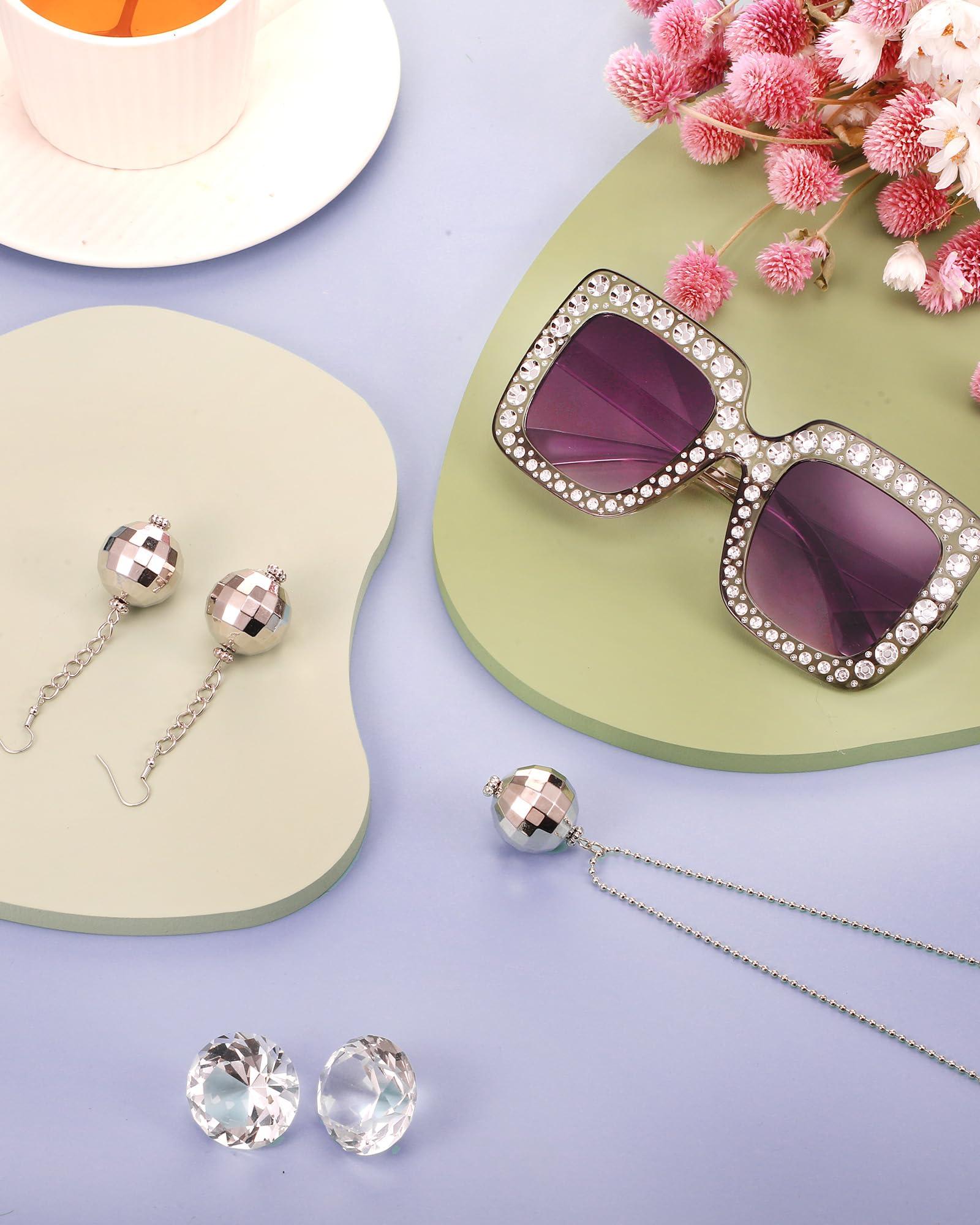 Jexine Halloween 70s Women Disco Outfit Costume Set Disco Party Top Pants Sunglasses Ball Necklace Earring Wig(White,Large)