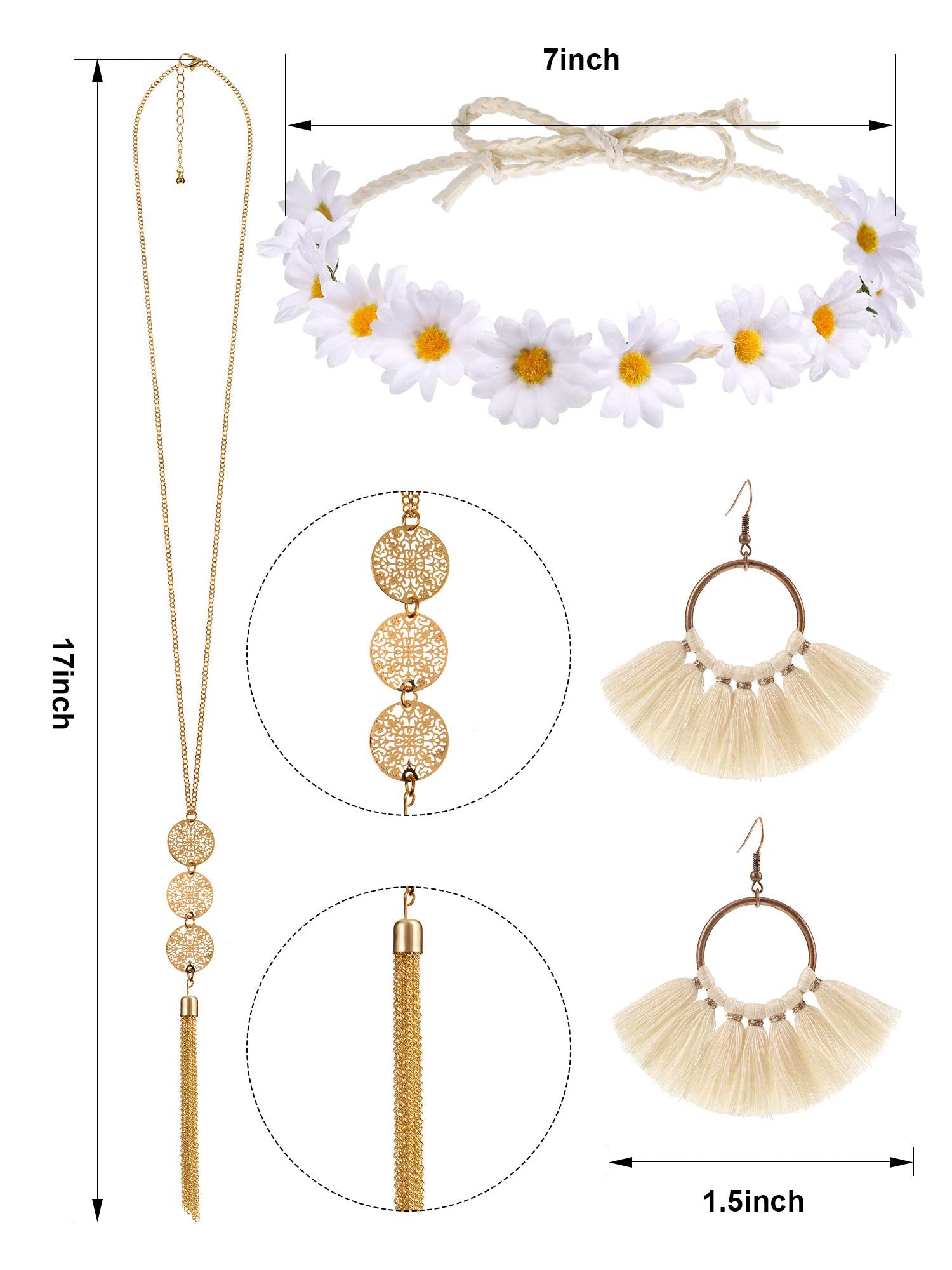 WILLBOND 4 Pcs Halloween 60s 70s Outfits for Women Hippie Costume 70s Costume Tops Accessories Women Fringe Hippie Vest(X-Large,Black)