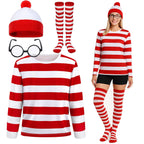 4 Pieces Red and White Striped Shirt and Hat for Women,Adult Halloween Costumes Cosplay Suits with Glasses Outfit Suit Set (Large)