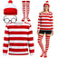 4 Pieces Red and White Striped Shirt and Hat for Women,Adult Halloween Costumes Cosplay Suits with Glasses Outfit Suit Set (Large)