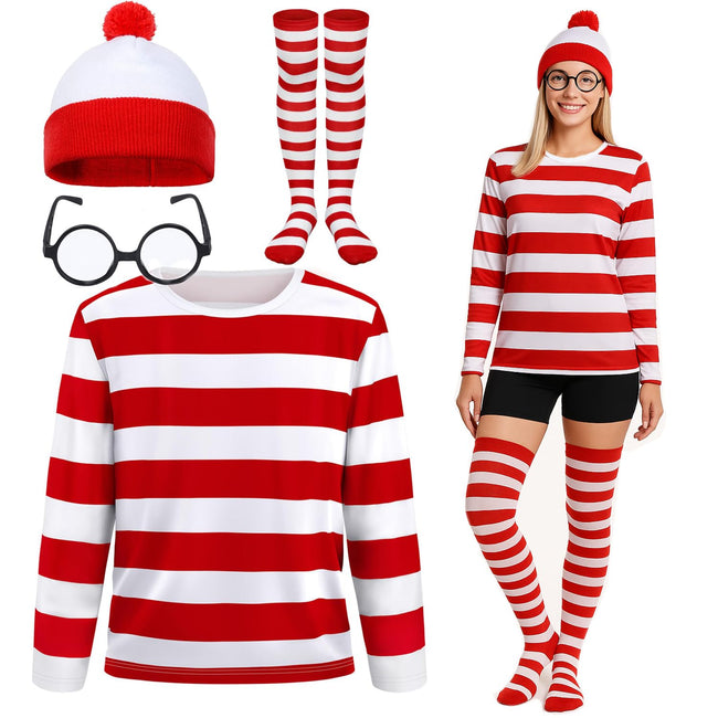 4 Pieces Red and White Striped Shirt and Hat for Women,Adult Halloween Costumes Cosplay Suits with Glasses Outfit Suit Set (Large) Hover Image