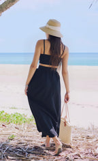 Women Sexy 2 Piece Outfits Dress Chiffon Strap Deep V Neck Bra Crop Top High Split Maxi Dresses Skirt Set Black XL
