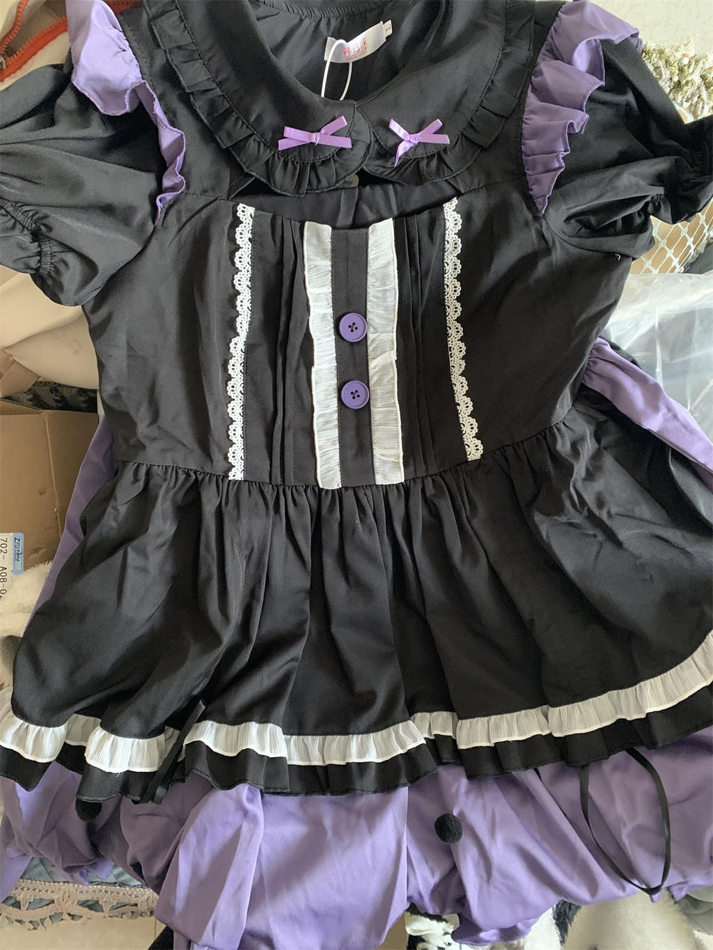 Cuteighteen Women Lolita Princess Dress Kawaii Bow Decor Apron Maid Outfit Fancy Anime Party Cosplay Costume (Black Purple, Medium)