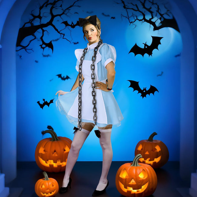 Mepase 5 Pcs Halloween Grunge Band Costume Wonderland in Chains Costume Blue Maid Dress Vintage Chains Set for Women Cosplay(S) Main Image