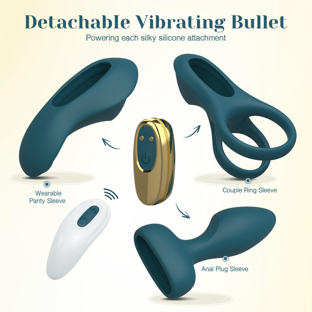 Tracy's Dog Vibrator Kit for Couples, Removable Vibrating Bullet with 3 Silicone Attachments (Cock Ring, Wearable Panty, Butt Plug Sleeve) — Remote Control Adult Sex Toys for Women & Partner Play