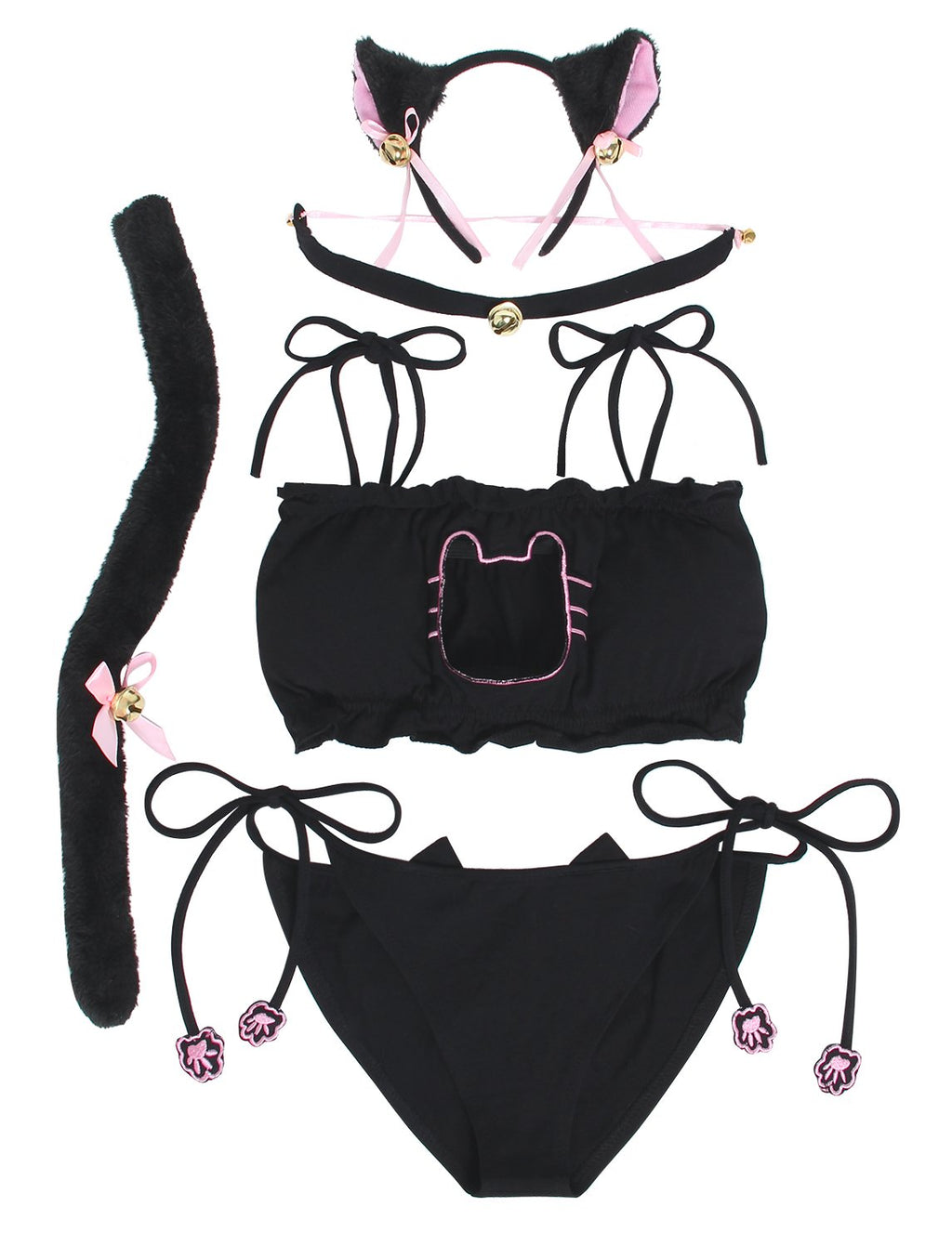 JustinCostume Women's Cosplay Lingerie Set Kitten Keyhole Cute Sexy Outfit Medium Black