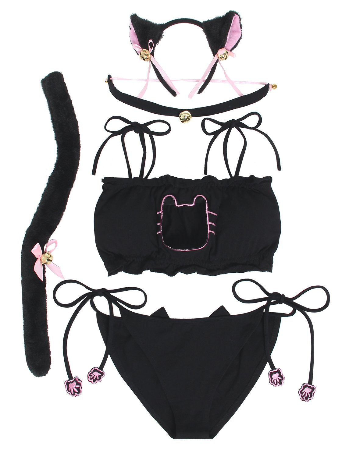 JustinCostume Women's Cosplay Lingerie Set Kitten Keyhole Cute Sexy Outfit Medium Black