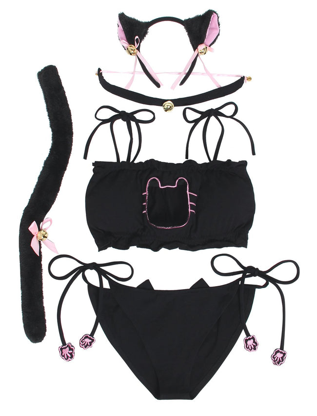 JustinCostume Women's Cosplay Lingerie Set Kitten Keyhole Cute Sexy Outfit Medium Black Hover Image