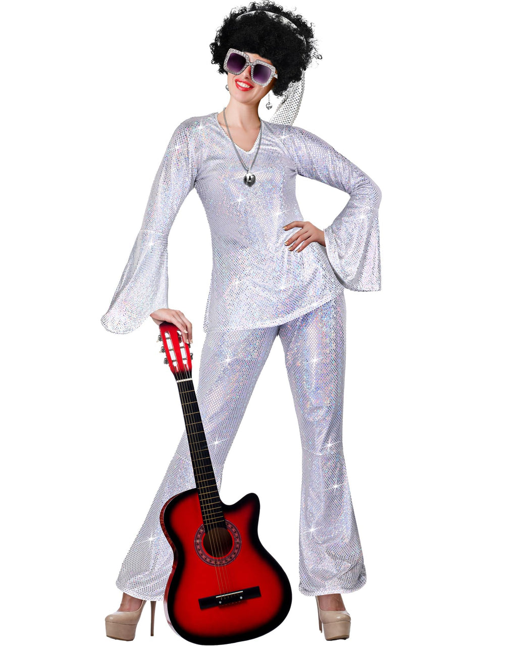 Jexine Halloween 70s Women Disco Outfit Costume Set Disco Party Top Pants Sunglasses Ball Necklace Earring Wig(White,Large)