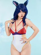 haikyuu Women Anime One Piece Swimsuit Cross Straps Cosplay Bathing Suit with Chiffon Cover-up and Ears (US, Alpha, Small, Regular, Regular, Standard, red)