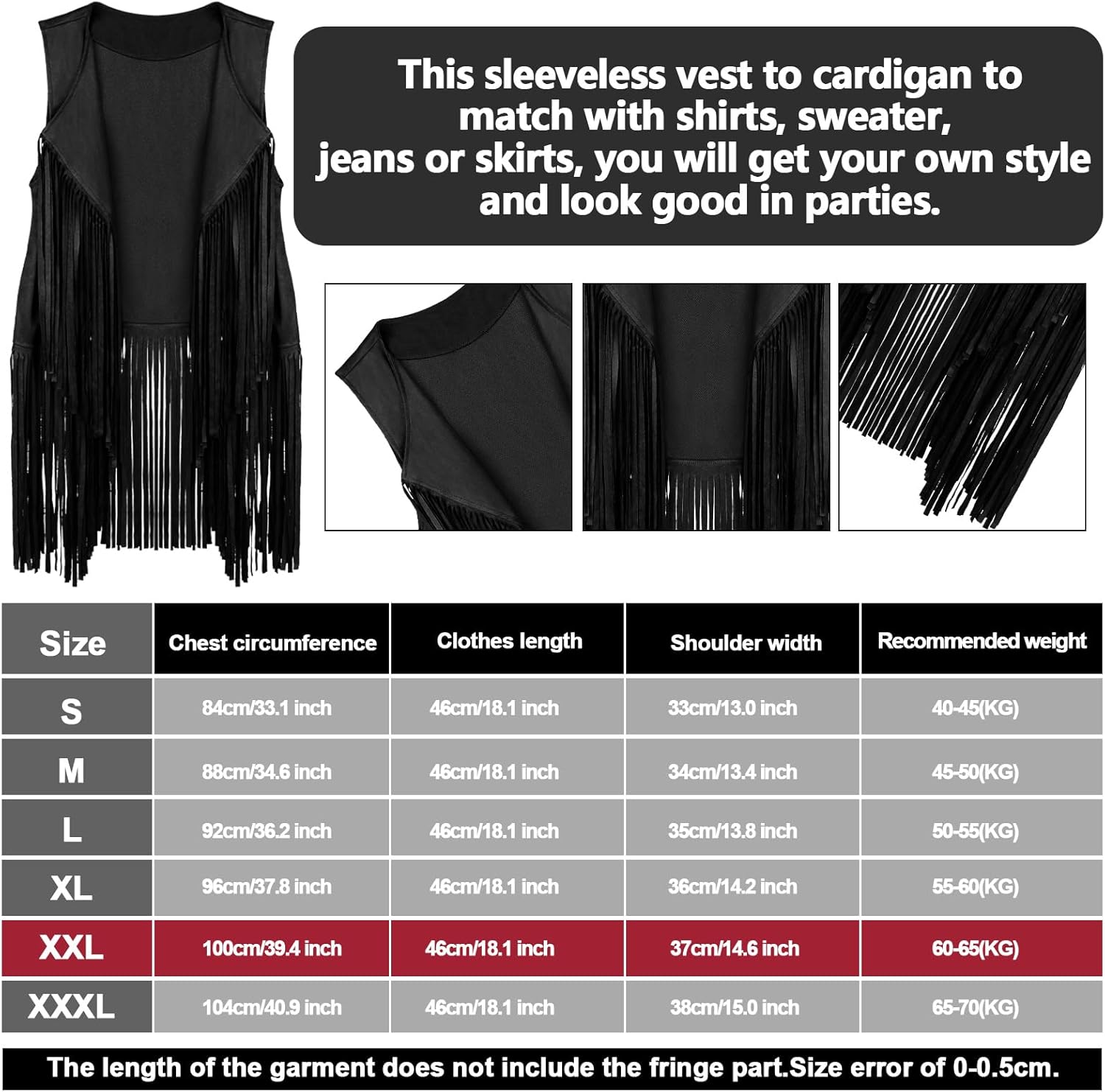 Frienda 6 Pcs 60s 70s Outfit for Women Hippie Halloween Costume Set Peace Sign Earring Headband Fringe Vest Tassel Cardigan