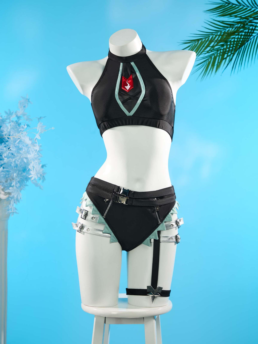 haikyuu Women Jane Cosplay Two Piece Swimsuit with Chiffon Cover-up Bikini Set Mesh Cutout (US, Alpha, Medium, Regular, Regular, Standard, Black)