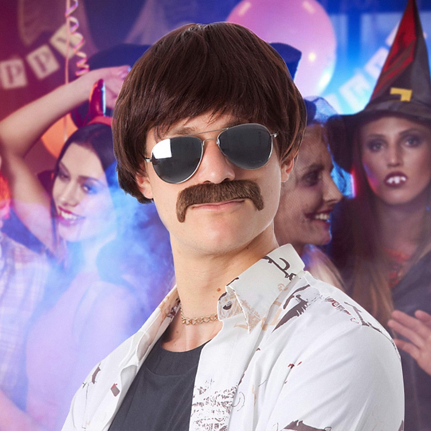 ALLAURA Compatible with Sonny Bono Wig – 60s 70s Men’s Short Brown Wig + Mustache for Hippie, Singer, TV Star, Cop, Detective Costumes – Liberty Duo, Limu & Doug, Uncle Rico, Retro Halloween Outfit