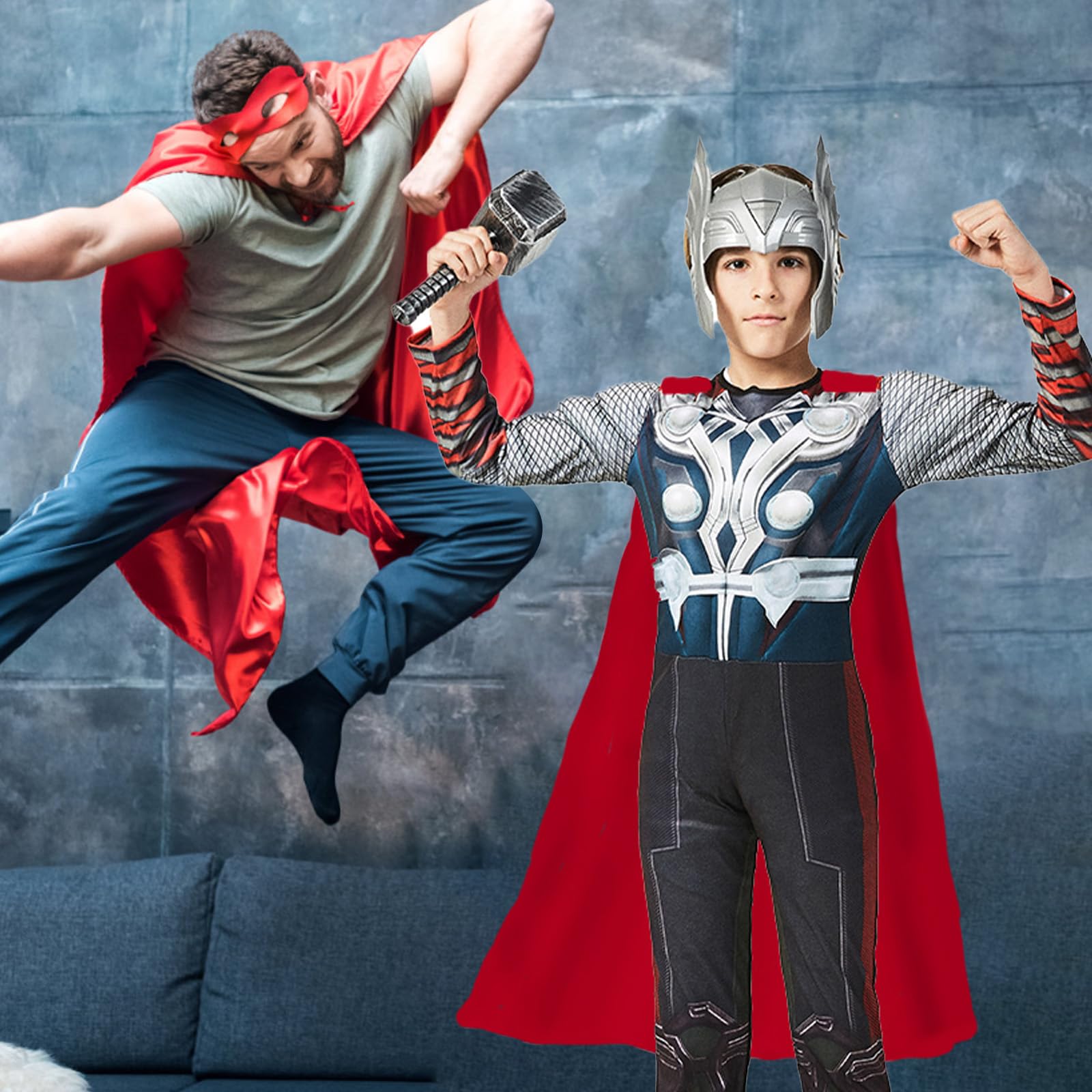 EJWCIG Kids Super Hero Costume Muscle Suit with Helmet Red Cape Jumpsuit Hammer Outfit 4 PCS Sets Suit Halloween Party Cosplay Props (S(43-47inch)