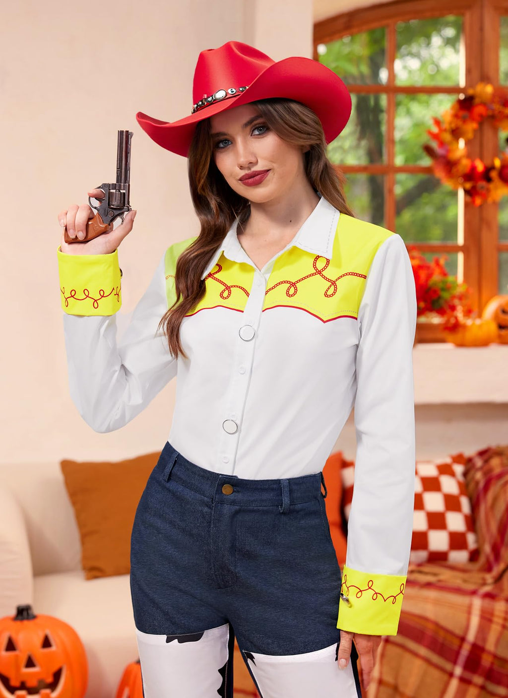 Halloween Women Cowgirl Jesie Costume Button Down Shirt Long Sleeve Western Woven Classic Yellow and White Top M