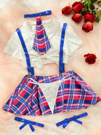 ShawGobow Plus Size Sexy Outfit,Tie Crop Top & Plaid Mini Skirt,Cosplay Lingerie Set For Curvy Women Costume Royal Blue X-Large