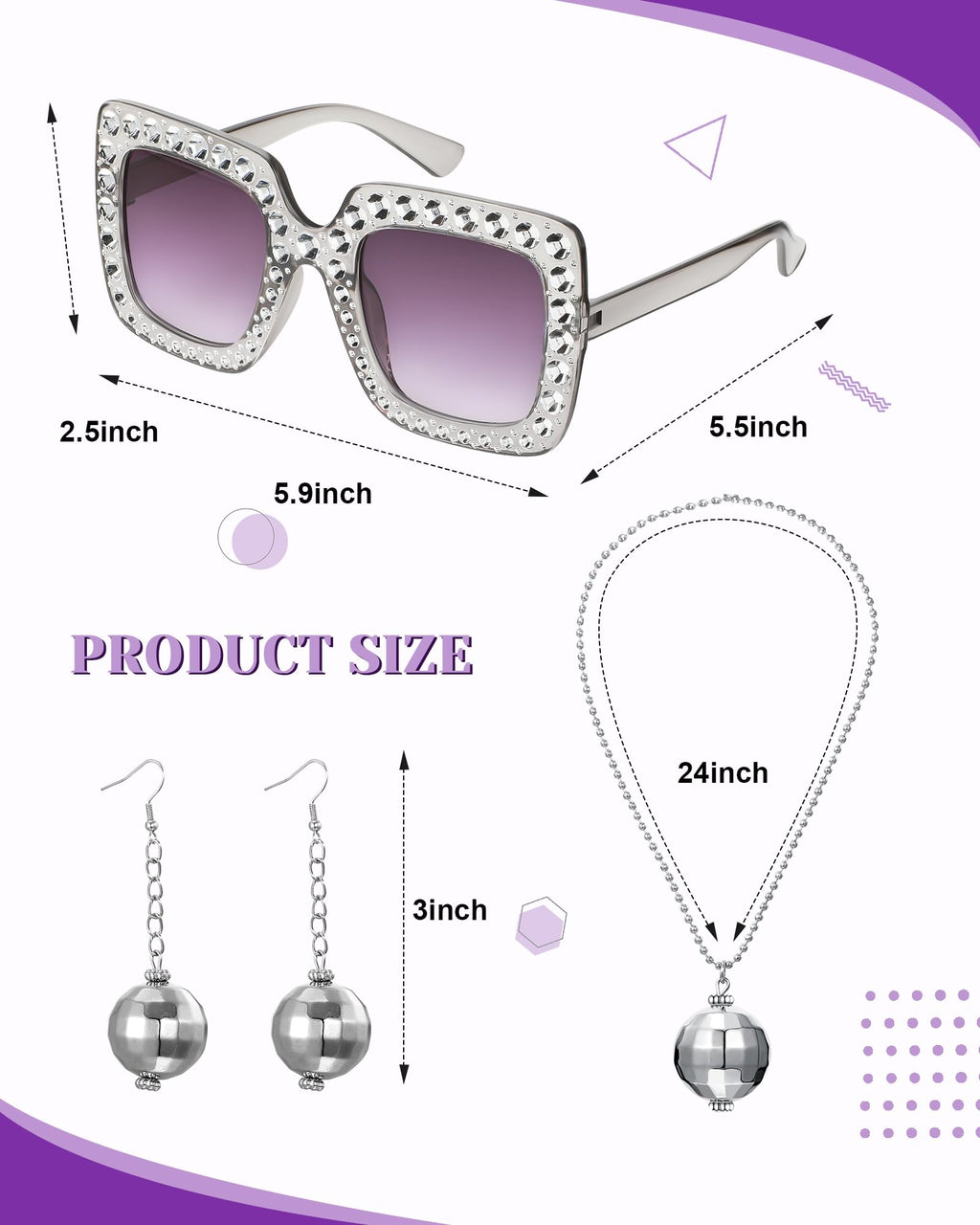 Jexine Halloween 70s Women Disco Outfit Costume Set Disco Party Top Pants Sunglasses Ball Necklace Earring Wig(White,Large)