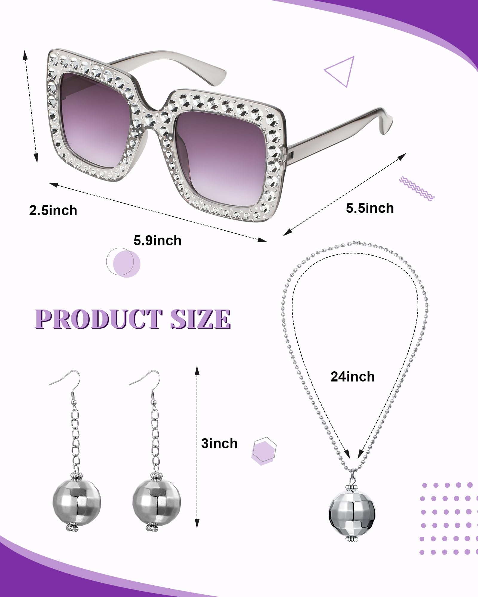 Jexine Halloween 70s Women Disco Outfit Costume Set Disco Party Top Pants Sunglasses Ball Necklace Earring Wig(White,Large)