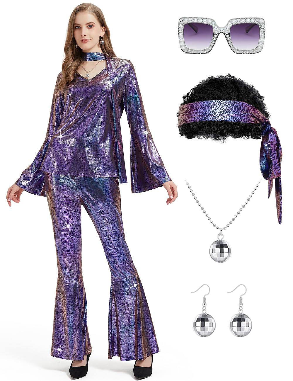 Women 70s Disco Costume 8 PCS Disco Outfit for Halloween Cosplay Party