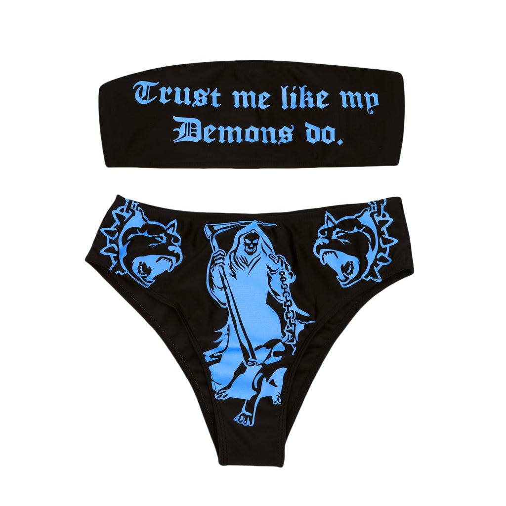 ZGMYC Women's Letter Skull Print Goth Swimsuit 2 Piece Sexy Strapless Bandeau Bikini High Waist Bathing Suit Festival Outfit