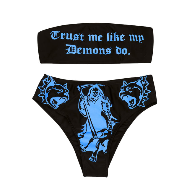 ZGMYC Women's Letter Skull Print Goth Swimsuit 2 Piece Sexy Strapless Bandeau Bikini High Waist Bathing Suit Festival Outfit Hover Image