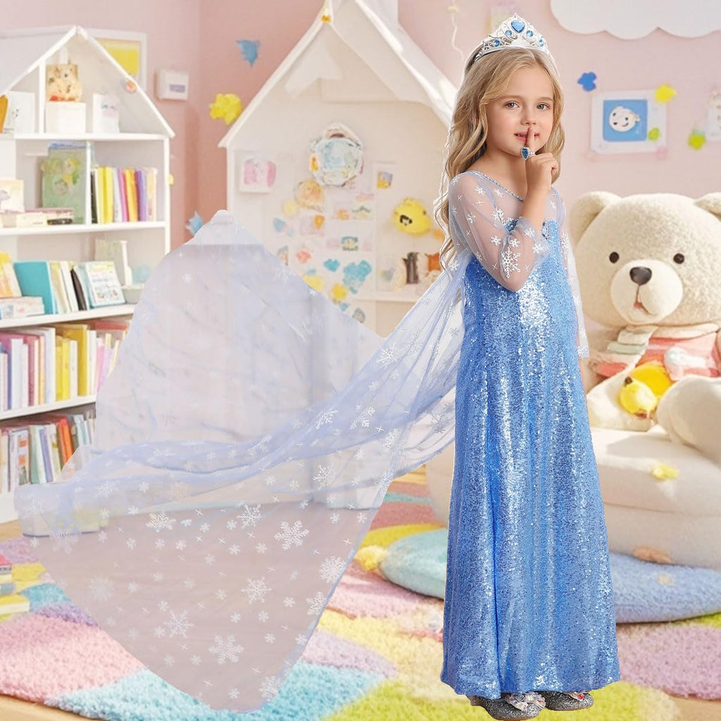 Luzlen Snow Princess Dress for Girls Toddler Queen Costume Halloween Christmas Cosplay Birthday Party Outfits Kids Blue, 3-4T(Tag 110)