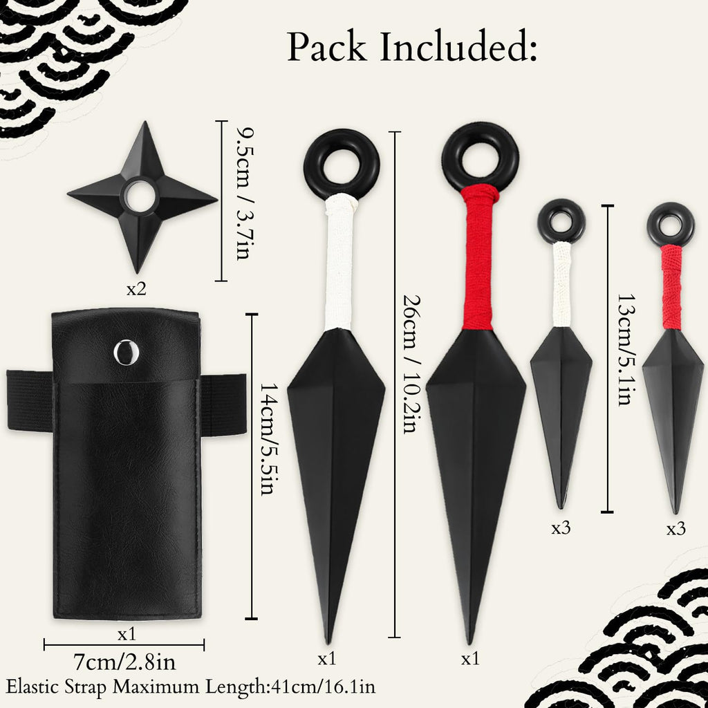 OOHGLITZ 11-Piece Anime Ninja Cosplay Kit, Ninja Kunai (10.2"+5.1"), Shuriken Ninja Stars (3.5") Set with Pouch for Anime Fans, Ninja& Martial Arts Props Black