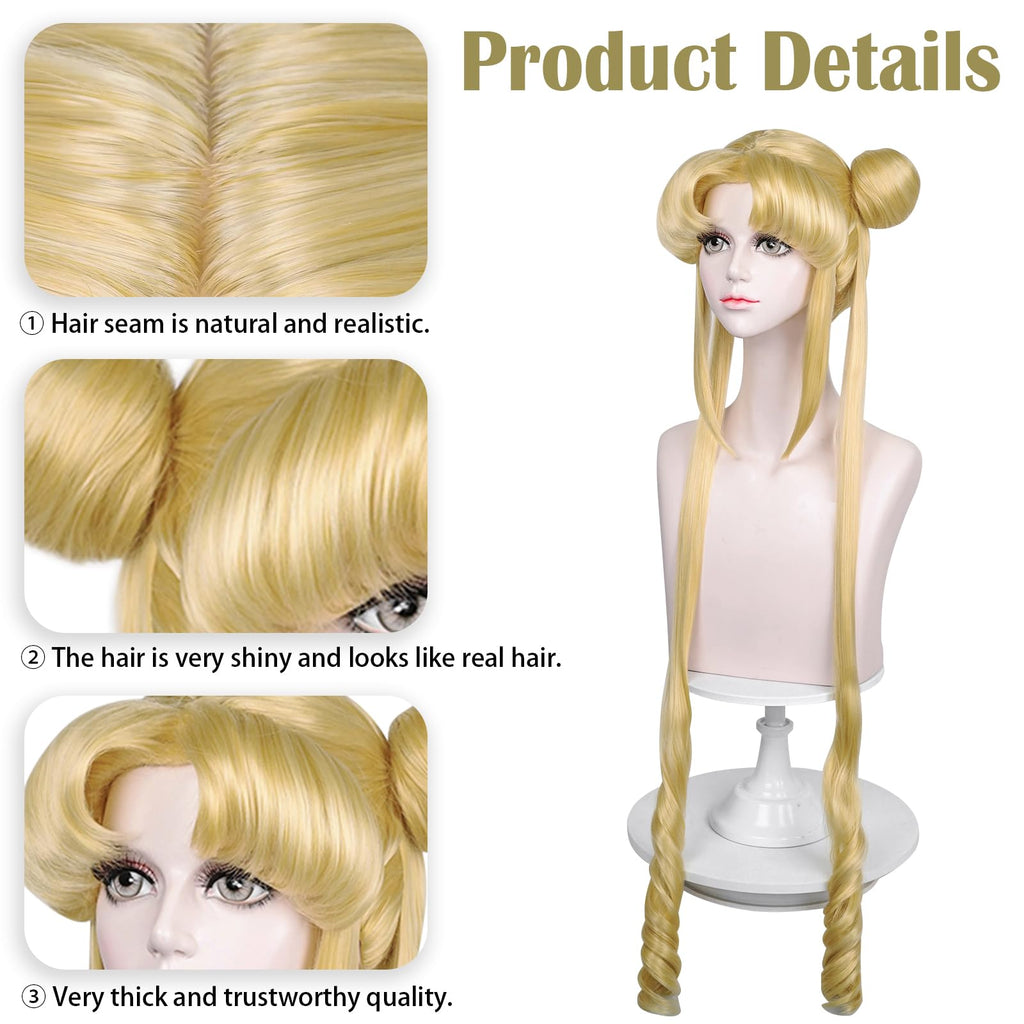 LABEAUTÉ Long Curly Blonde Ponytails Wig with Buns for Women Girls Cosplay Costume Anime Blonde Pigtails Wig with Bangs + Cap