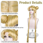 LABEAUTÉ Long Curly Blonde Ponytails Wig with Buns for Women Girls Cosplay Costume Anime Blonde Pigtails Wig with Bangs + Cap