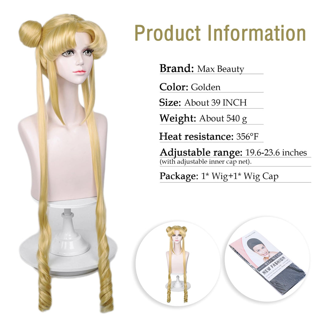 LABEAUTÉ Long Curly Blonde Ponytails Wig with Buns for Women Girls Cosplay Costume Anime Blonde Pigtails Wig with Bangs + Cap