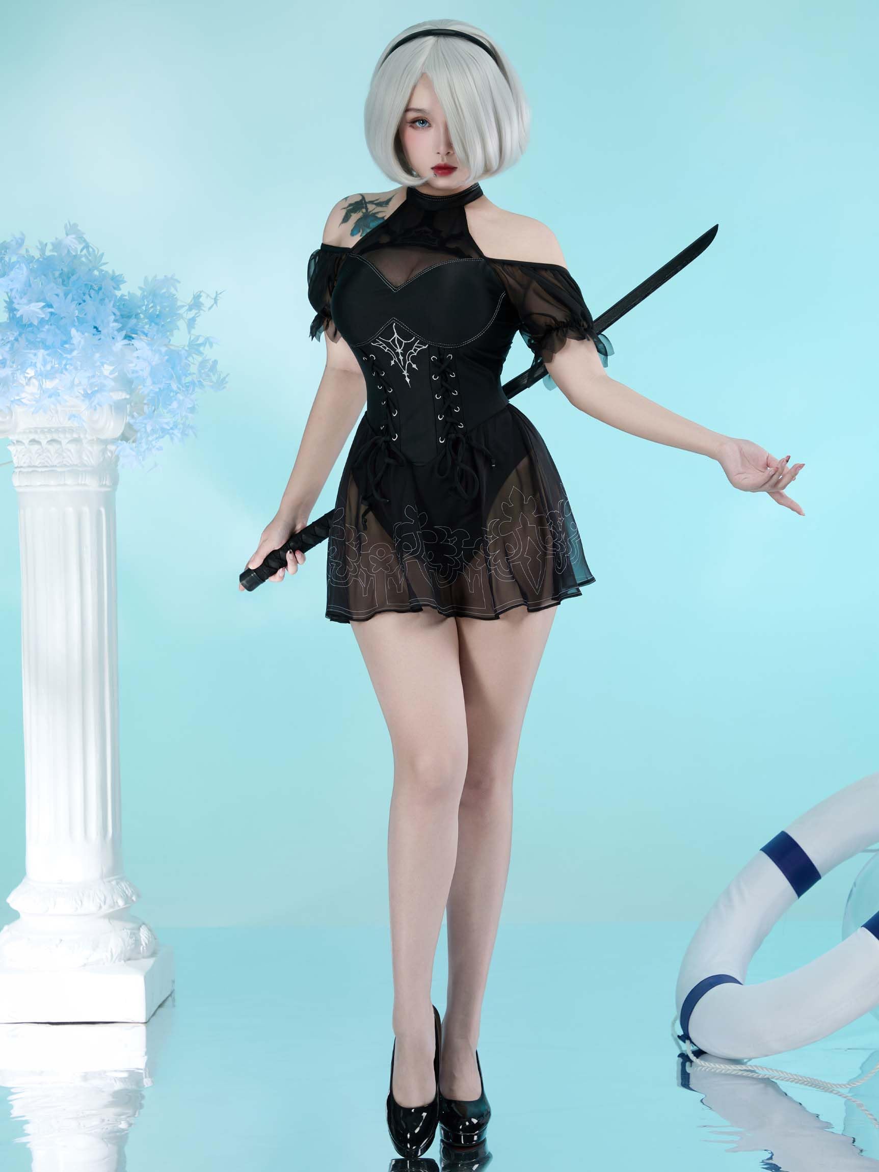 haikyuu Women Cosplay One Piece Swimsuit Anime Bathing Suit Halter Backless Tummy Control Swimwear (US, Alpha, Small, Regular, Regular, Standard, Black)