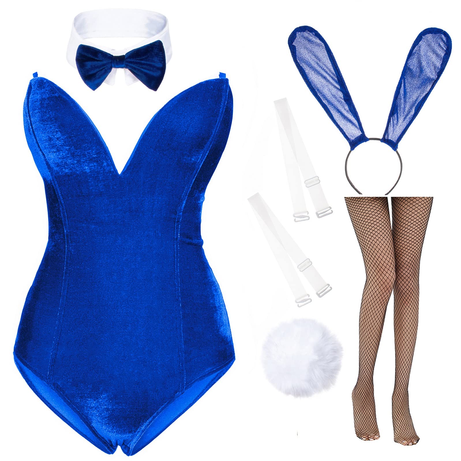 AiMiNa Anime Womens Bunny Girl Costume One Piece Bodysuit Halloween Cosplay Catsuit Bunny Headband Stockings Set(Blue XS)