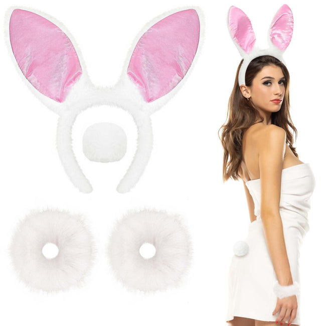 GANSHAYA 4 Pcs Halloween Bunny Girl Accessories Bunny Headband Tail White Bracelets Rabbit Costume for Women Halloween Cosplay Party Dress Up Hover Image