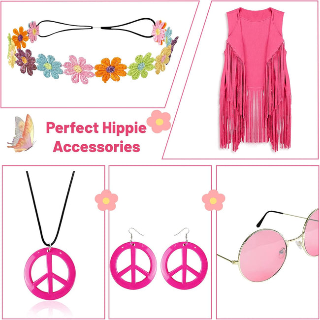 FunMular 60s 70s Outfits for Women Disco Hippie Costume Clothes Woman Peace Sign Earring Headband Fringe Vest Tassel Cardigan Main Image