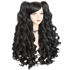 ANOGOL Hair Cap+ Black Cosplay Wig With Clip-on Ponytails Long Curly Wigs with Bangs for Halloween Costume Party Girls Women 2 Curly Pigtails Black Lolita Cosplay Wigs