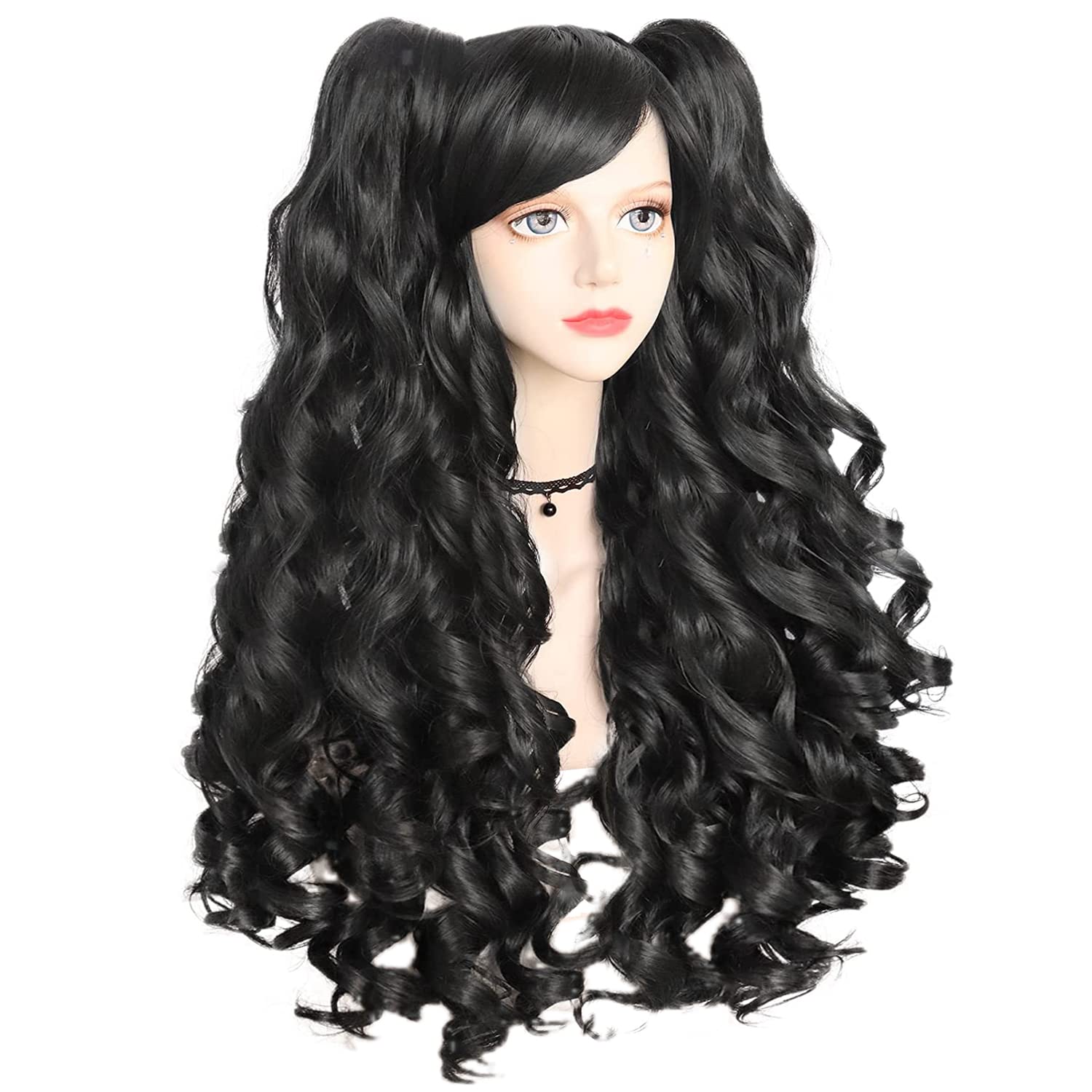 ANOGOL Hair Cap+ Black Cosplay Wig With Clip-on Ponytails Long Curly Wigs with Bangs for Halloween Costume Party Girls Women 2 Curly Pigtails Black Lolita Cosplay Wigs