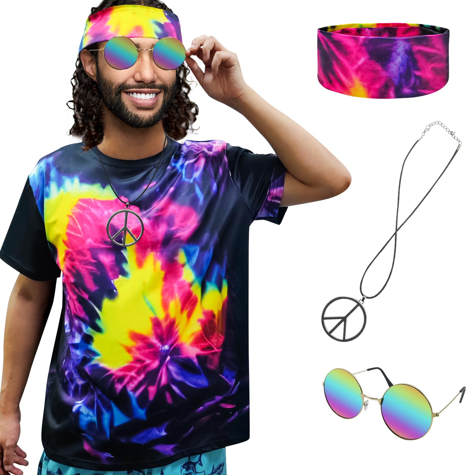 Hippie Costume for Men Women 60s and 70s colorful T-shirt sunglasses headband Peace necklace 4-piece theme party