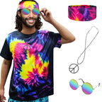 Hippie Costume for Men Women 60s and 70s colorful T-shirt sunglasses headband Peace necklace 4-piece theme party