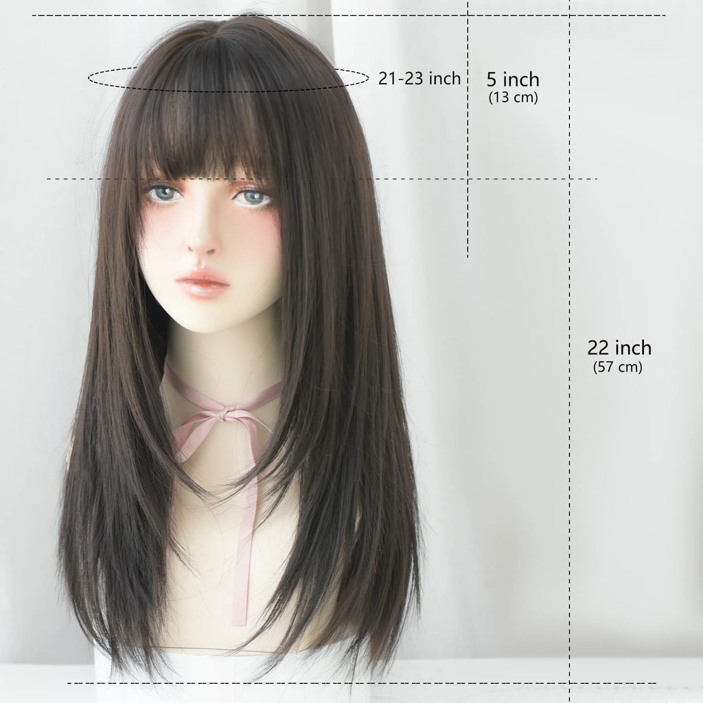 7JHH WIGS Black Wigs with Bangs Synthetic Dark Brown Wig Long Straight Wig for Women Party and cosplay wig (23" Natural Black NEW