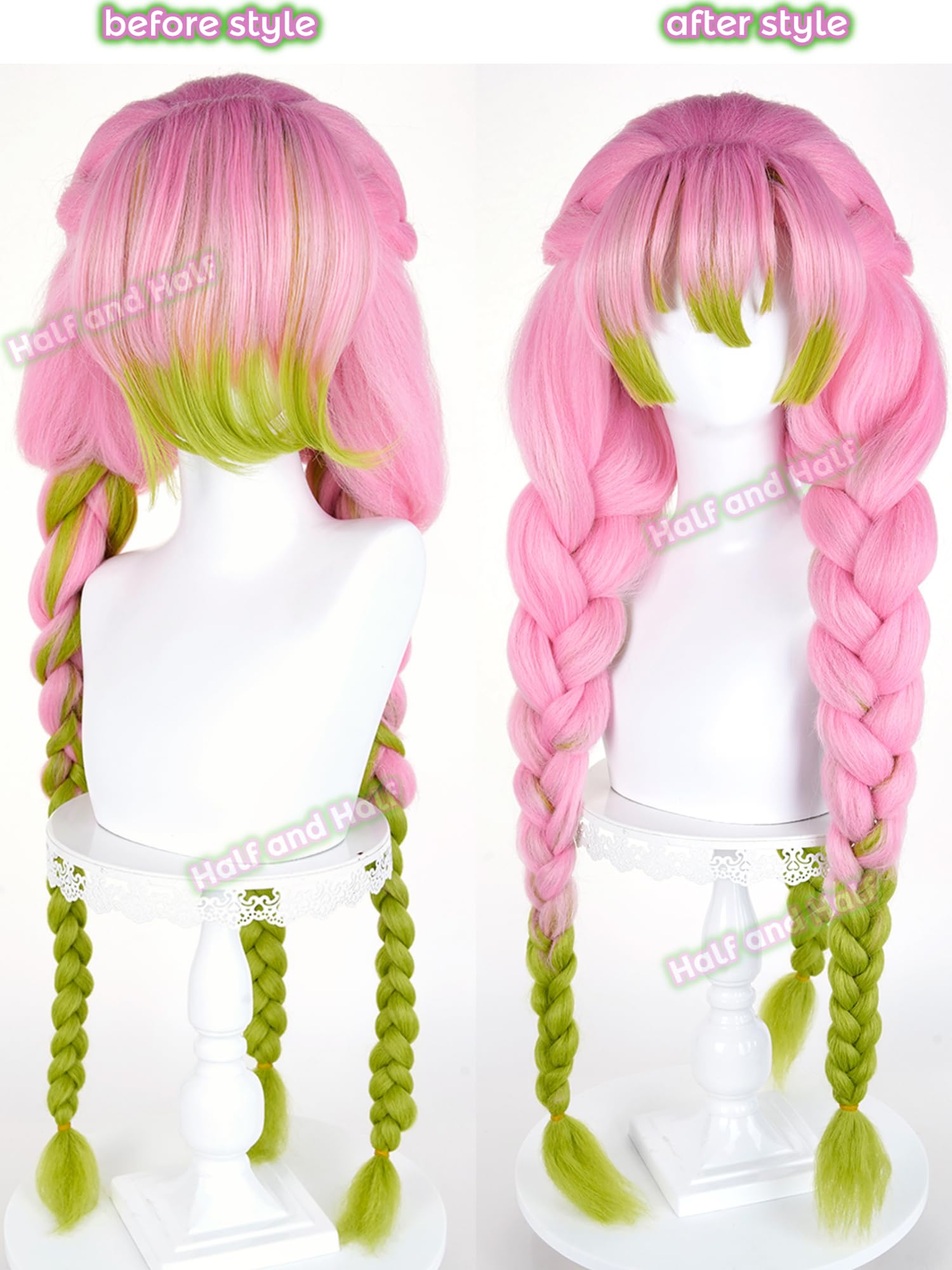 Mitsuri Cosplay Wig Pink and Green Braided Anime Wig with Bangs Mitsuri Kanroji Costume Wigs 35.4'' Synthetic Fiber Hair for Women Halloween Party