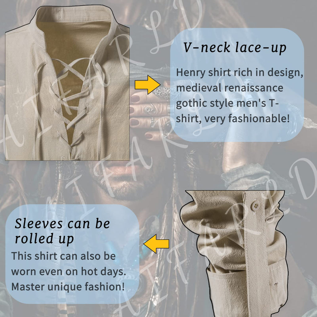 AIFARLD Men's Long Sleeve Shirts Retro Style Lace up for Medieval Viking Hippie Halloween Cosplay Pirate Renaissance Costume Khaki