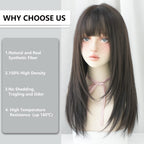 7JHH WIGS Black Wigs with Bangs Synthetic Dark Brown Wig Long Straight Wig for Women Party and cosplay wig (23" Natural Black NEW