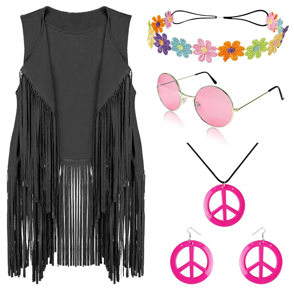 FunMular 60s 70s Outfits for Women Disco Hippie Costume Clothes Woman Peace Sign Earring Headband Fringe Vest Tassel Cardigan