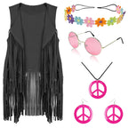 FunMular 60s 70s Outfits for Women Disco Hippie Costume Clothes Woman Peace Sign Earring Headband Fringe Vest Tassel Cardigan