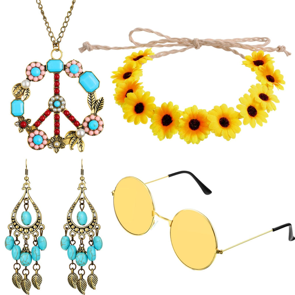 Hicarer Hippie Costume Accessories Include Sunglasses, Peace Sign Necklace, Boho Headband and Earring for 60s 70s Party