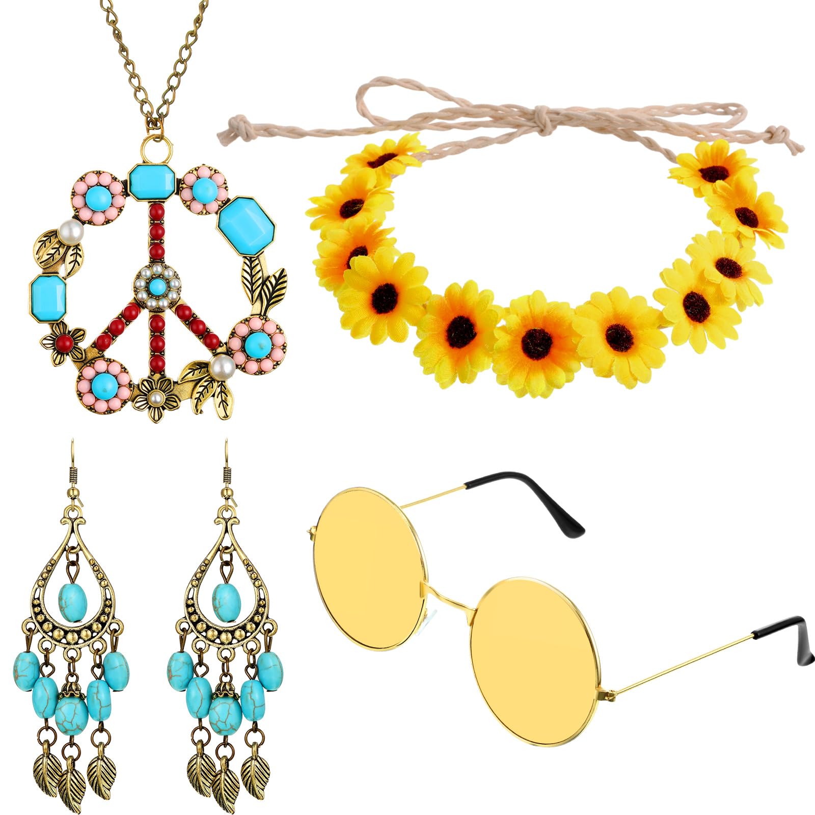Hicarer Hippie Costume Accessories Include Sunglasses, Peace Sign Necklace, Boho Headband and Earring for 60s 70s Party
